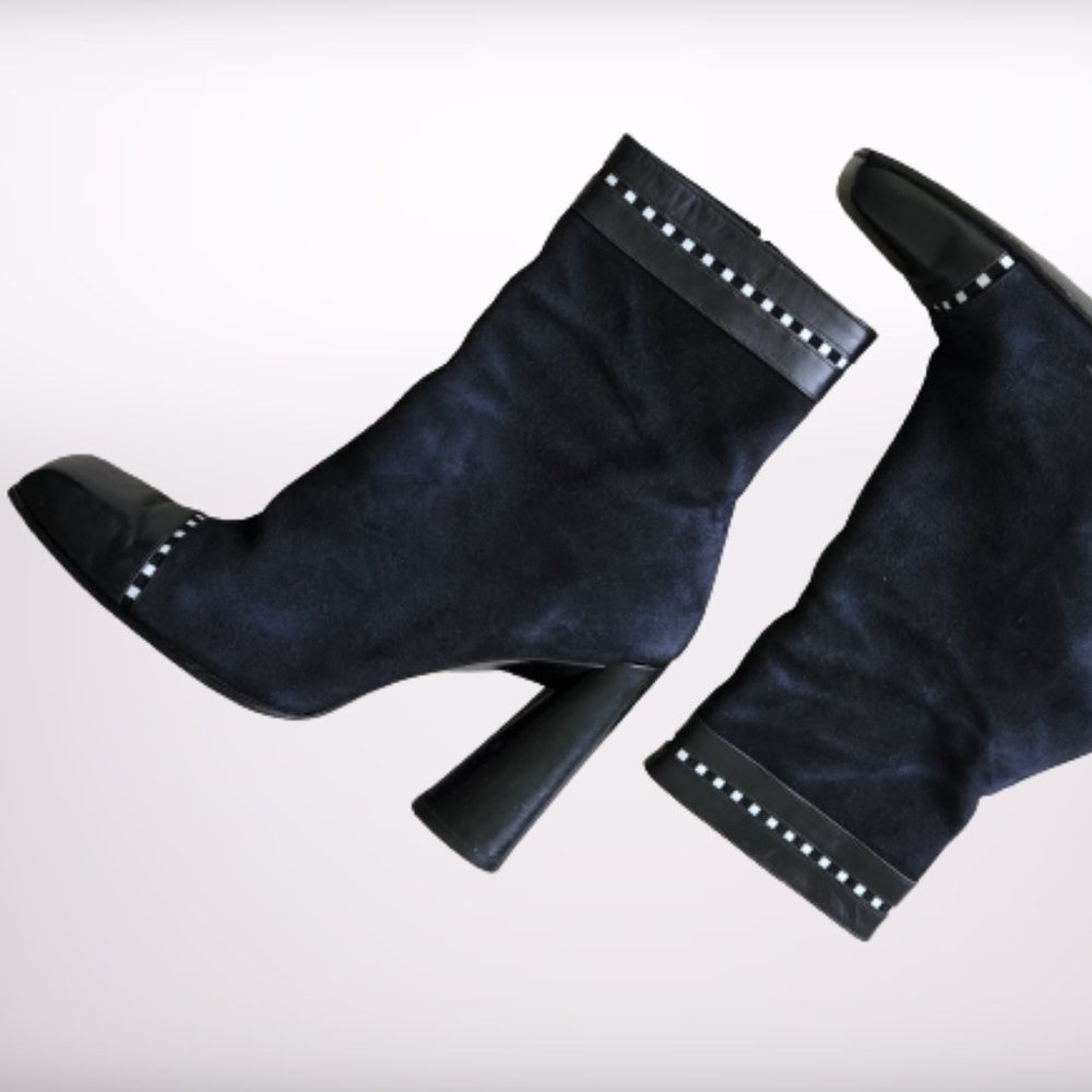 Y2K 90s UNIQUE BLACK SOFT SUEDE & LEATHER BOOTS, SQUARE TOE ANKLE BOOTS SIZE 9